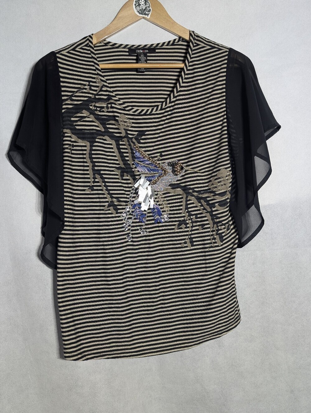 Style & Co. Beaded Hummingbird Striped Flutter Sleeve Top - Size L